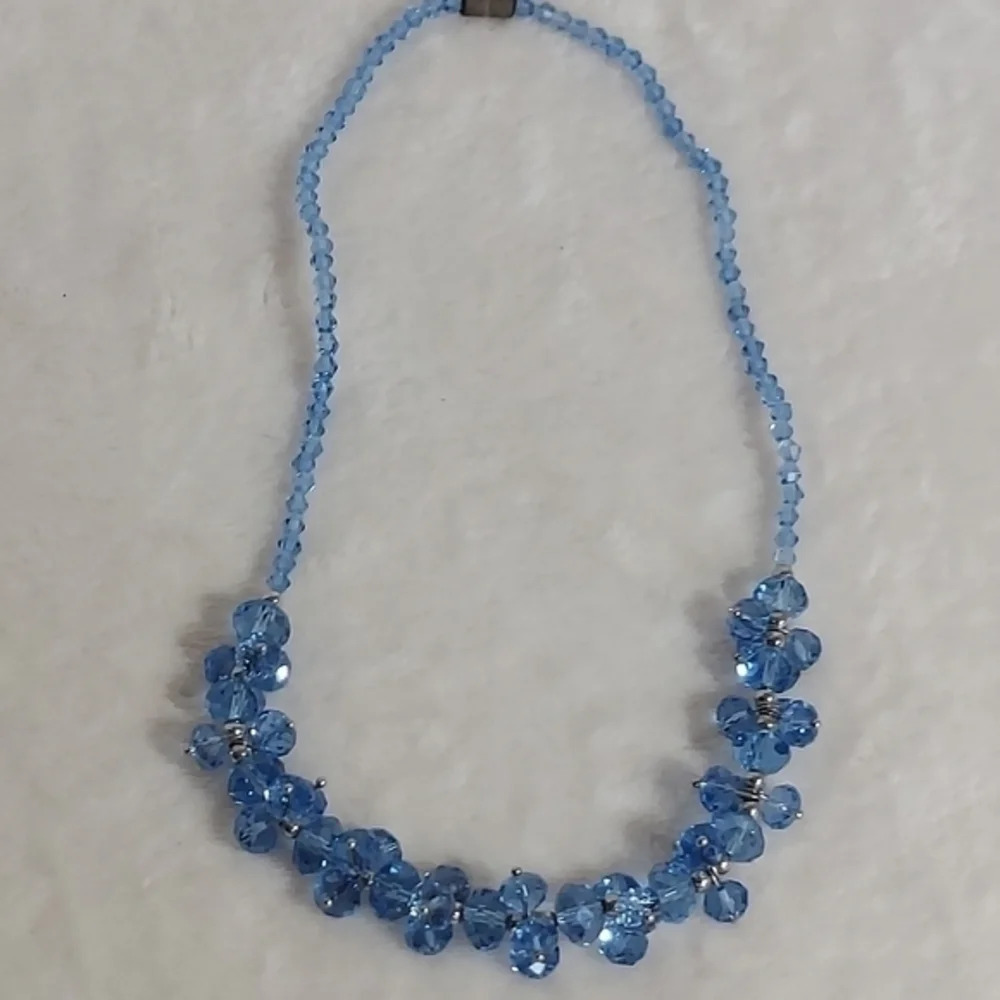 Vtg Blue Crystal Statement Necklace Beaded Bib Necklace Sparkly Wedding Guest - Picture 7 of 8